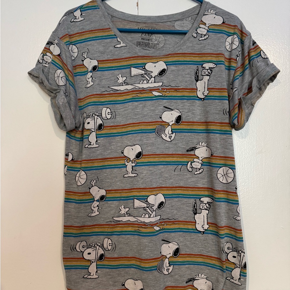 Mighty Fine Gray Snoopy Tee with Rainbow Stripes
